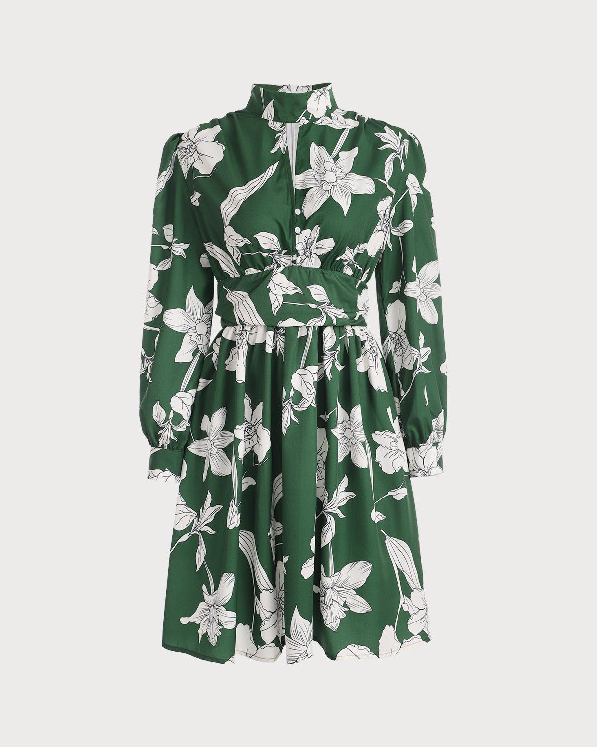 The Green Mock Neck Floral Long Sleeve Mini Dress sold by rihoas