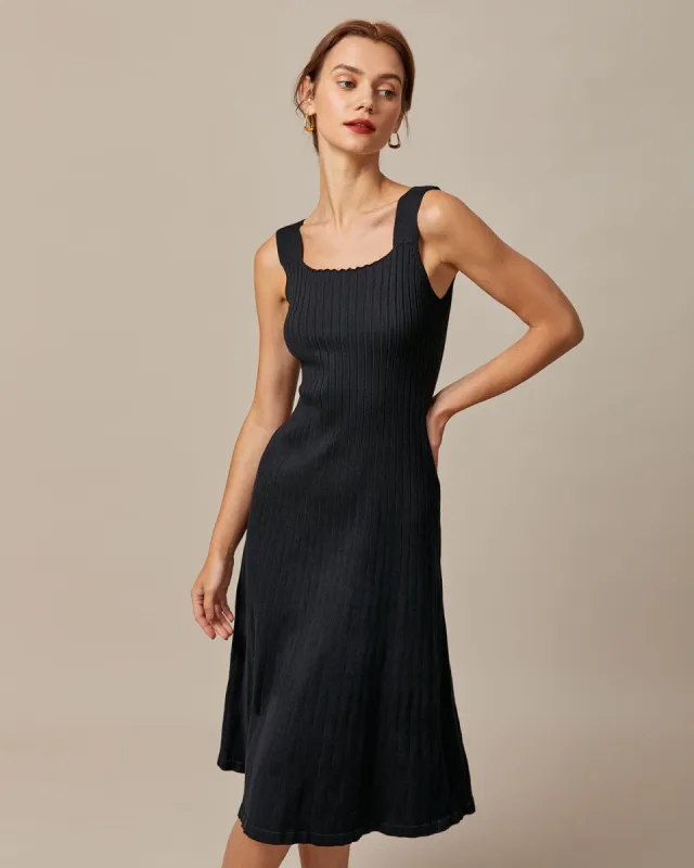 The Black Square Neck Ribbed Knit Midi Dress sold by rihoas