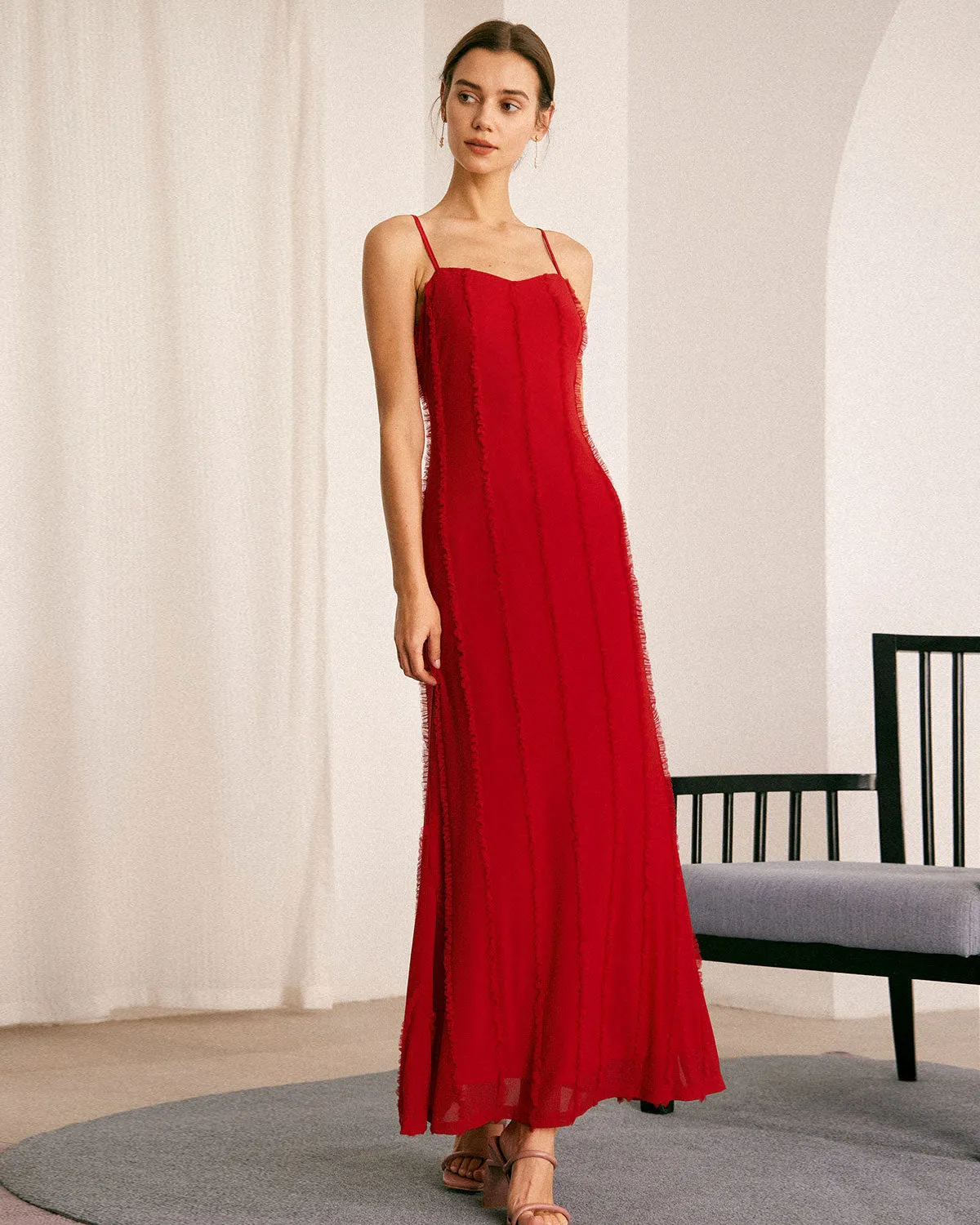 The Red Sweetheart Neck Ruffle Slip Maxi Dress sold by rihoas