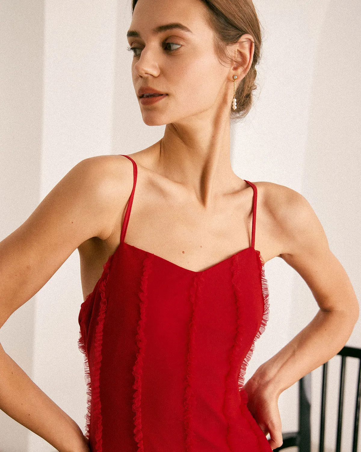 The Red Sweetheart Neck Ruffle Slip Maxi Dress sold by rihoas product image thumbnail 2