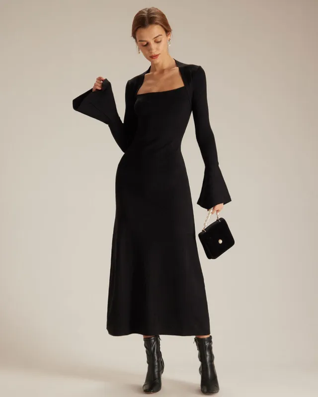 The Black Square Neck Flare Sleeve Midi Dress sold by rihoas