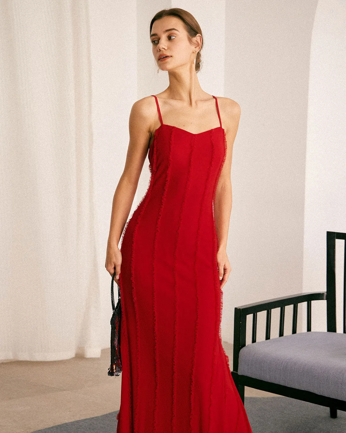 The Red Sweetheart Neck Ruffle Slip Maxi Dress sold by rihoas product image thumbnail 4