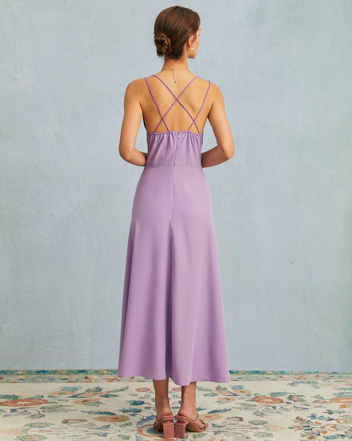 The Purple V Neck Double Strap Backless Maxi Dress sold by rihoas product image thumbnail 5