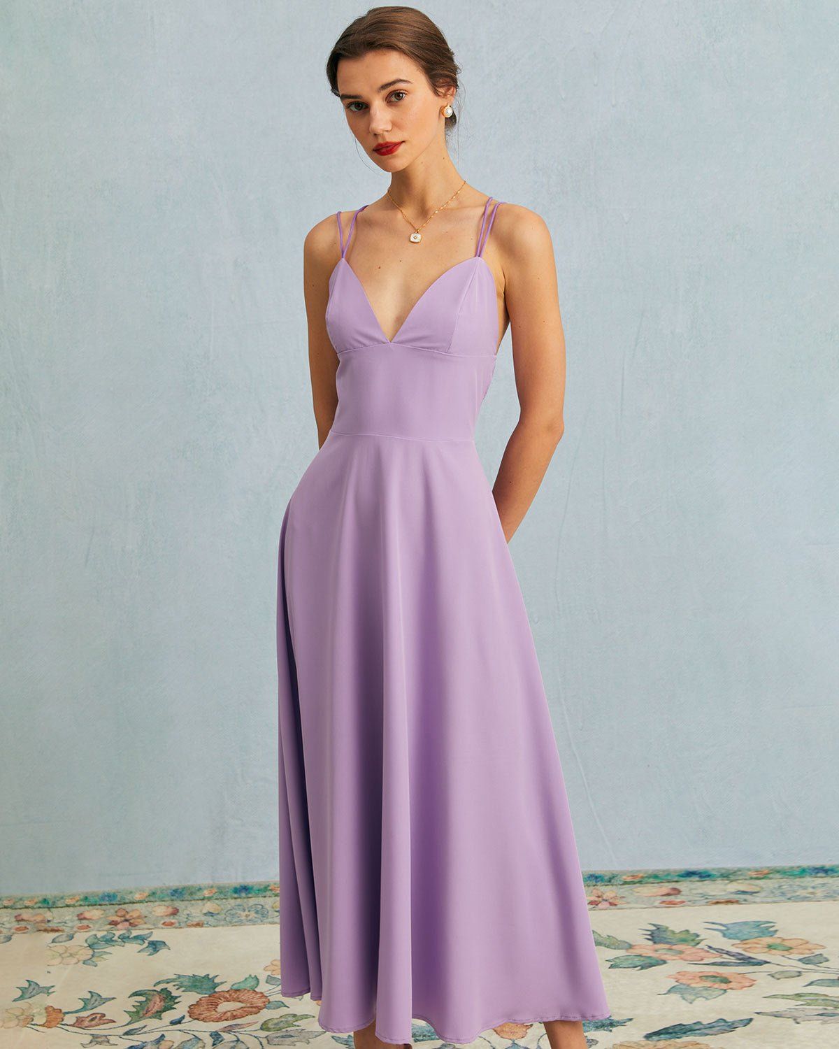 The Purple V Neck Double Strap Backless Maxi Dress sold by rihoas product image thumbnail 2