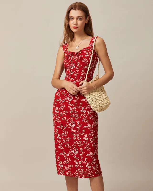 The Red Sweetheart Neck Ruched Midi Dress sold by rihoas