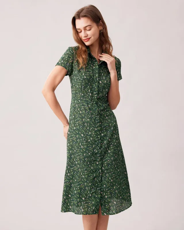 The Green Lapel Button Up Floral Midi Dress sold by rihoas