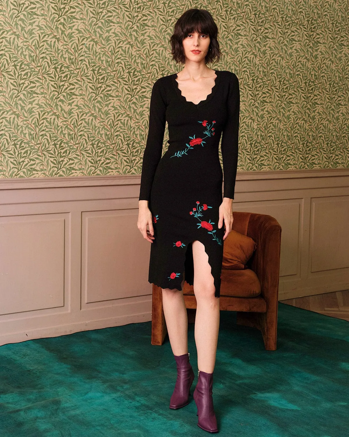 The Embroidered Side Slit Knit Midi Dress sold by rihoas product image thumbnail 2