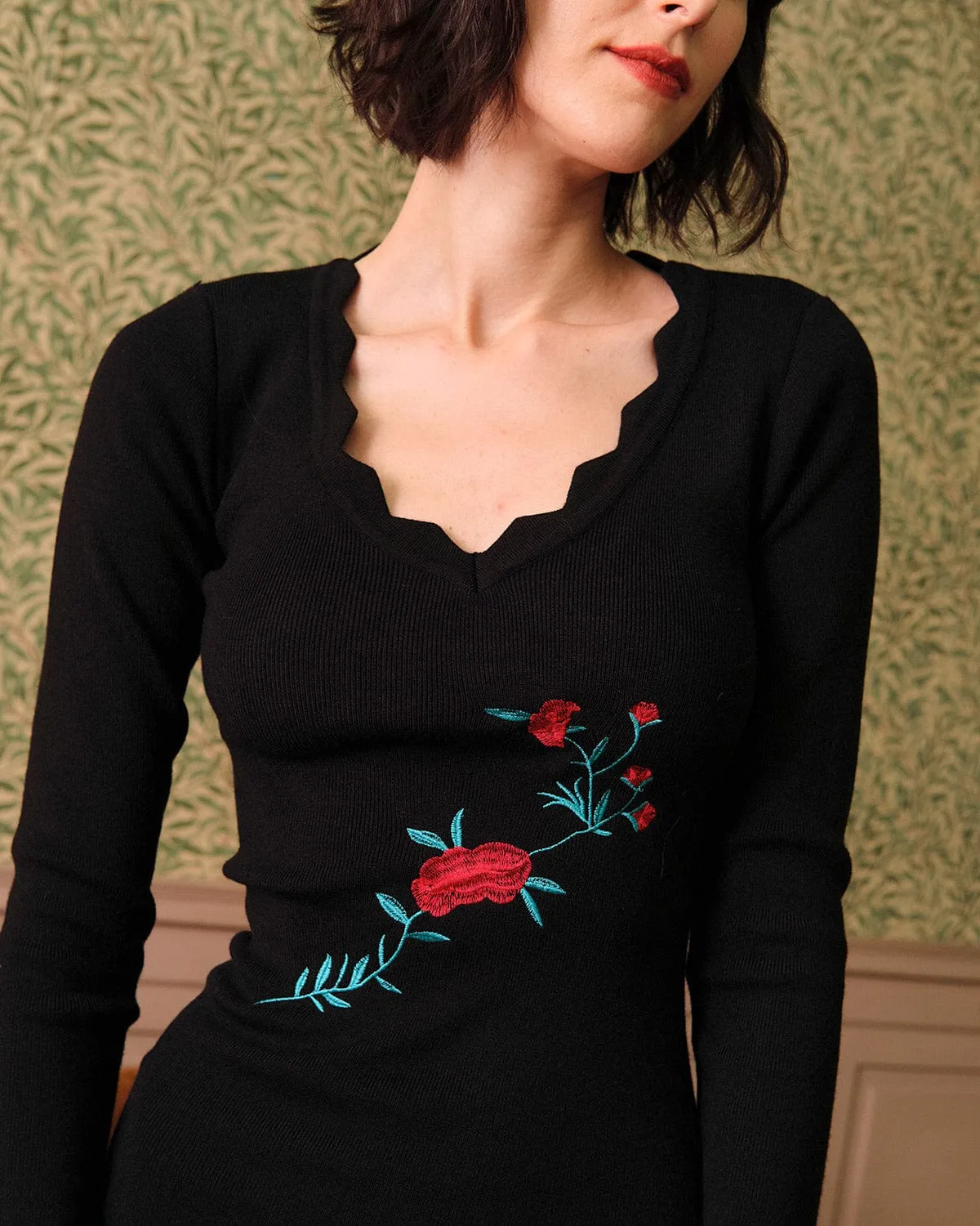 The Embroidered Side Slit Knit Midi Dress sold by rihoas product image thumbnail 3