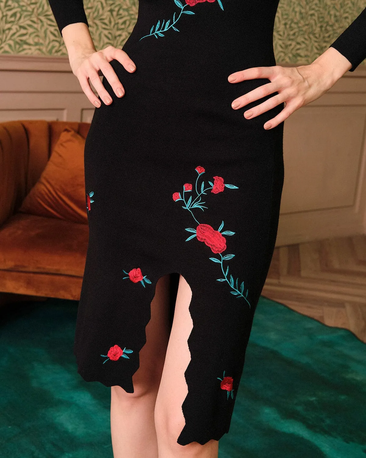 The Embroidered Side Slit Knit Midi Dress sold by rihoas product image thumbnail 4