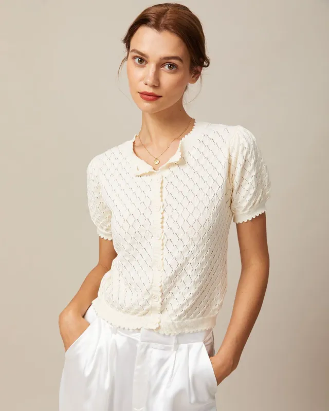 The Beige Puff Sleeve Pointelle Knit Top sold by rihoas