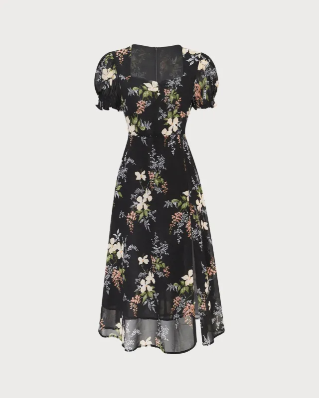 The Black Square Neck Puff Sleeve Midi Dress sold by rihoas