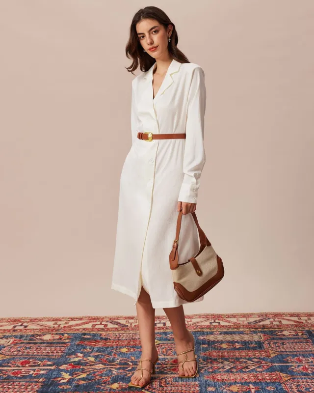 The Beige Lapel Long Sleeve Shirt Midi Dress sold by rihoas