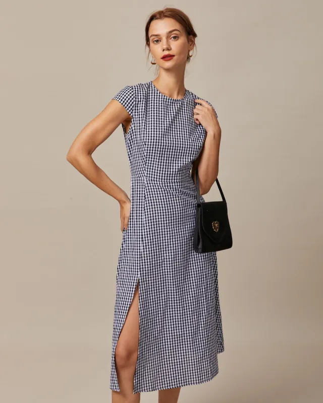 The Black Round Neck Plaid Cutout Midi Dress sold by rihoas