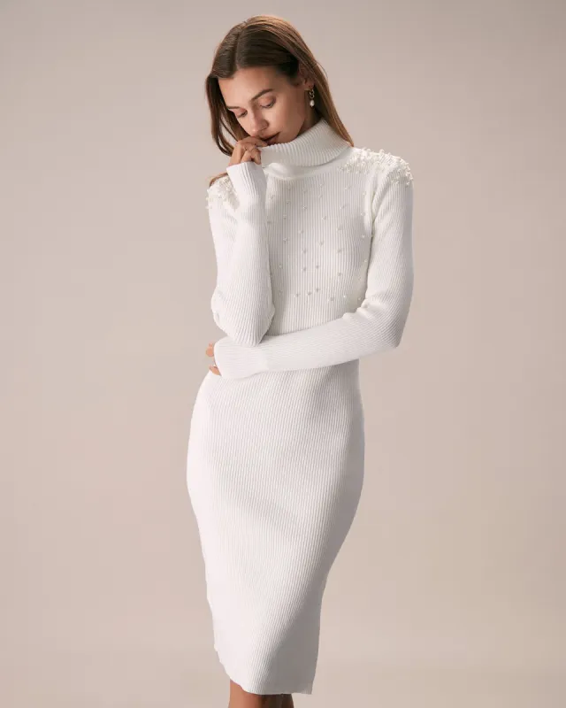 The White High Neck Pearls Bodycon Midi Dress sold by rihoas