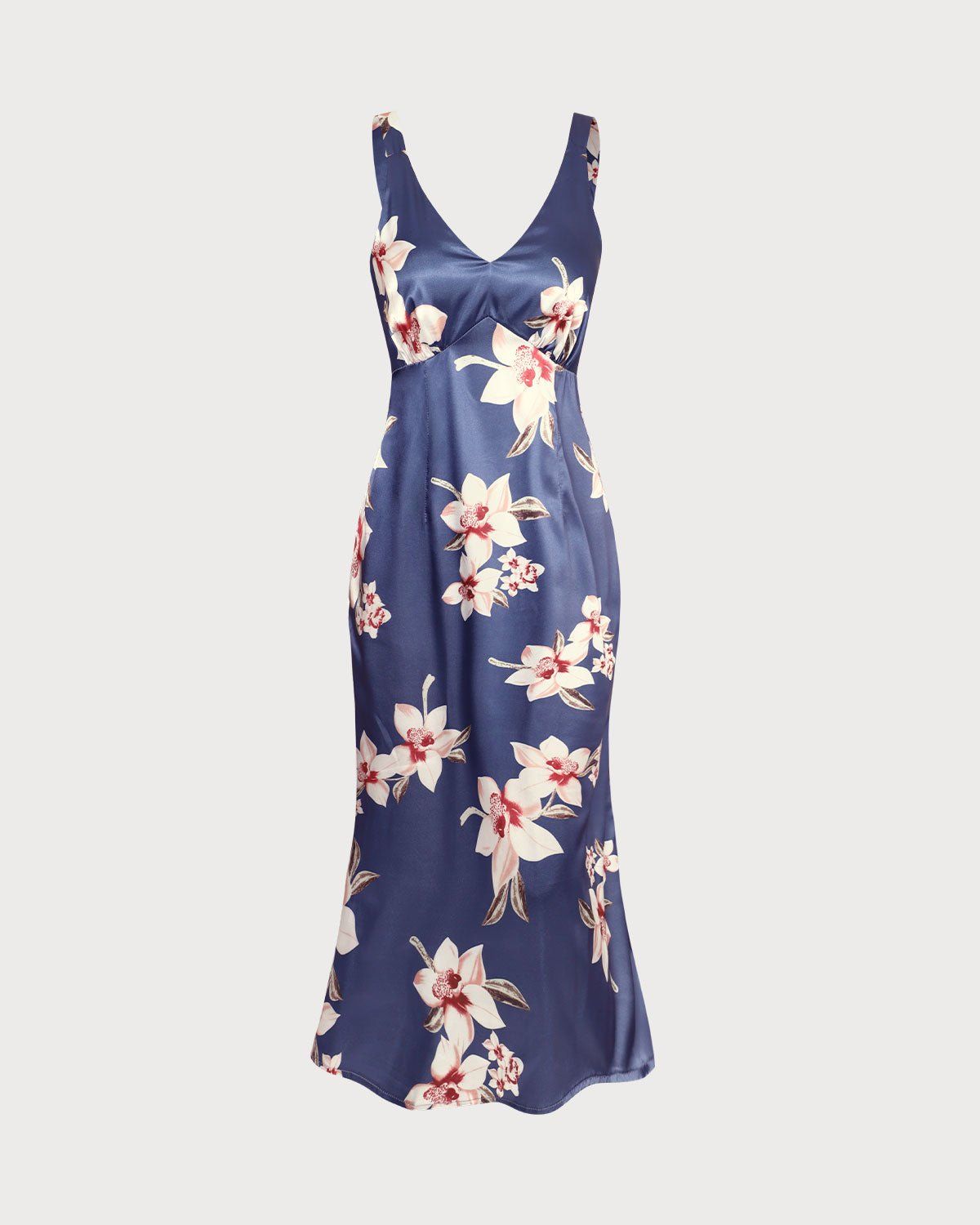The Navy V Neck Floral Satin Midi Dress sold by rihoas