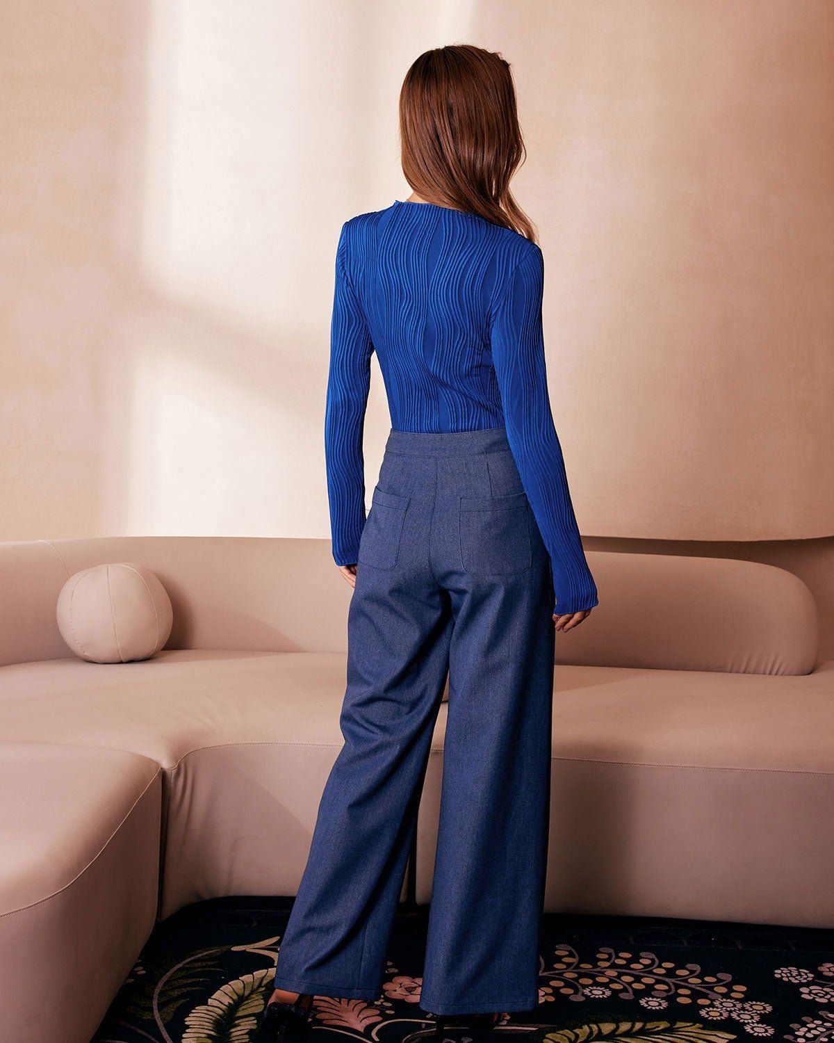 The Navy Mock Neck Water Ripple Textured Tee sold by rihoas product image thumbnail 2