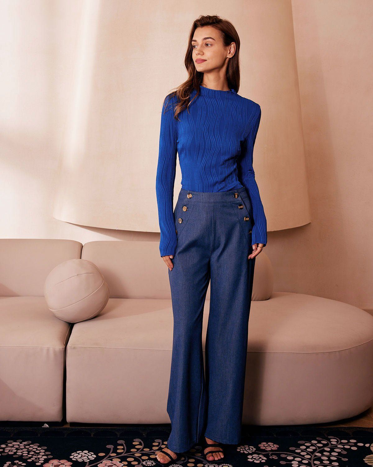 The Navy Mock Neck Water Ripple Textured Tee sold by rihoas product image thumbnail 3