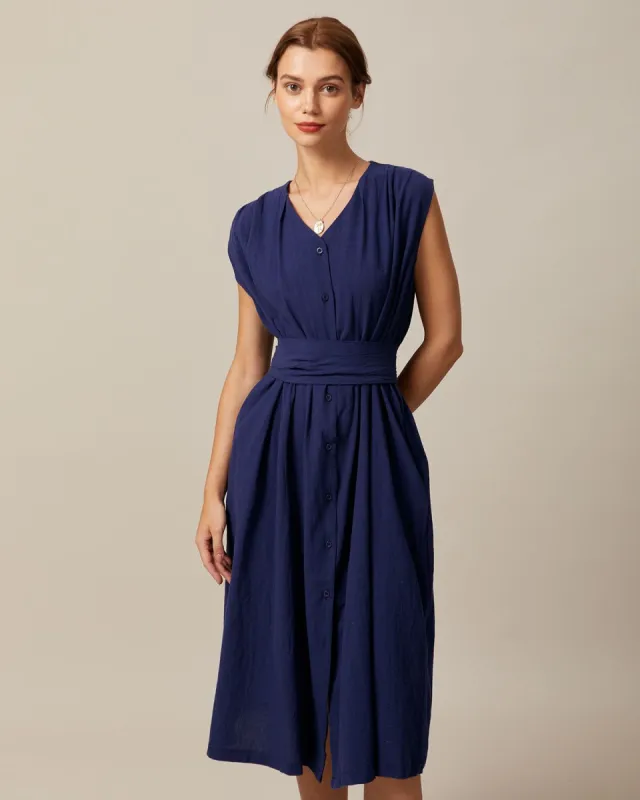 The Navy V Neck Button A-Line Midi Dress sold by rihoas