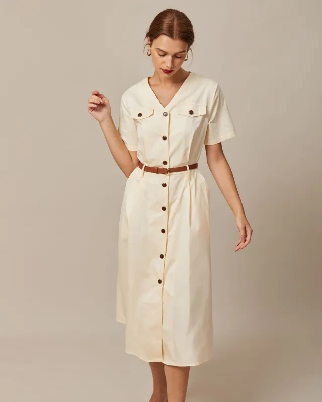 The Beige V Neck Button Shirt Midi Dress sold by rihoas