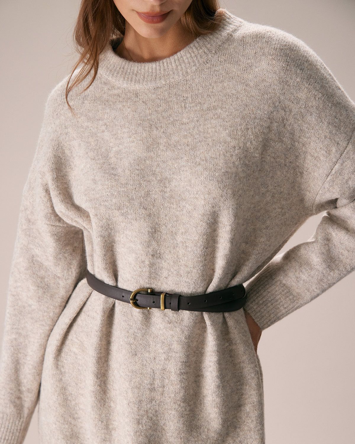 The Khaki Round Neck Sweater Midi Dress sold by rihoas product image thumbnail 2