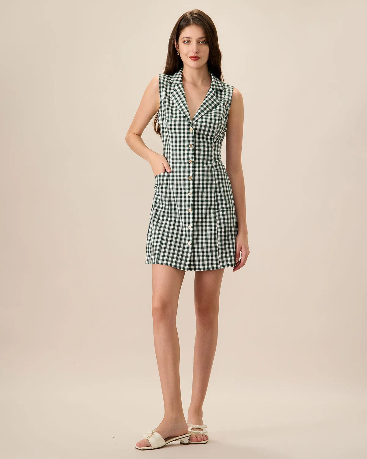 The Green Plaid Sleeveless Cotton Pocket Mini Dress sold by rihoas product image thumbnail 3