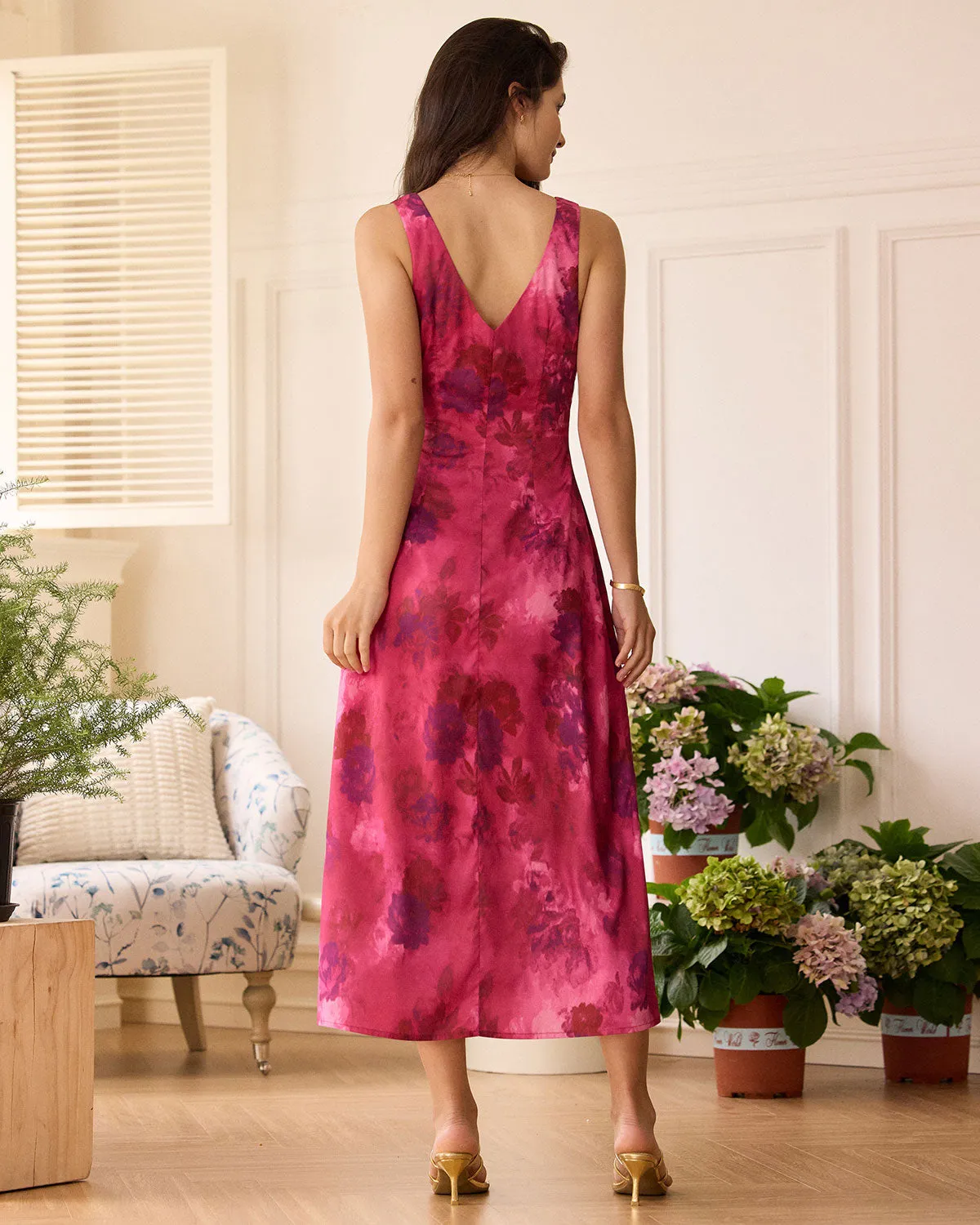 The Rose Red V Neck Sleeveless Floral Maxi Dress sold by rihoas product image thumbnail 4