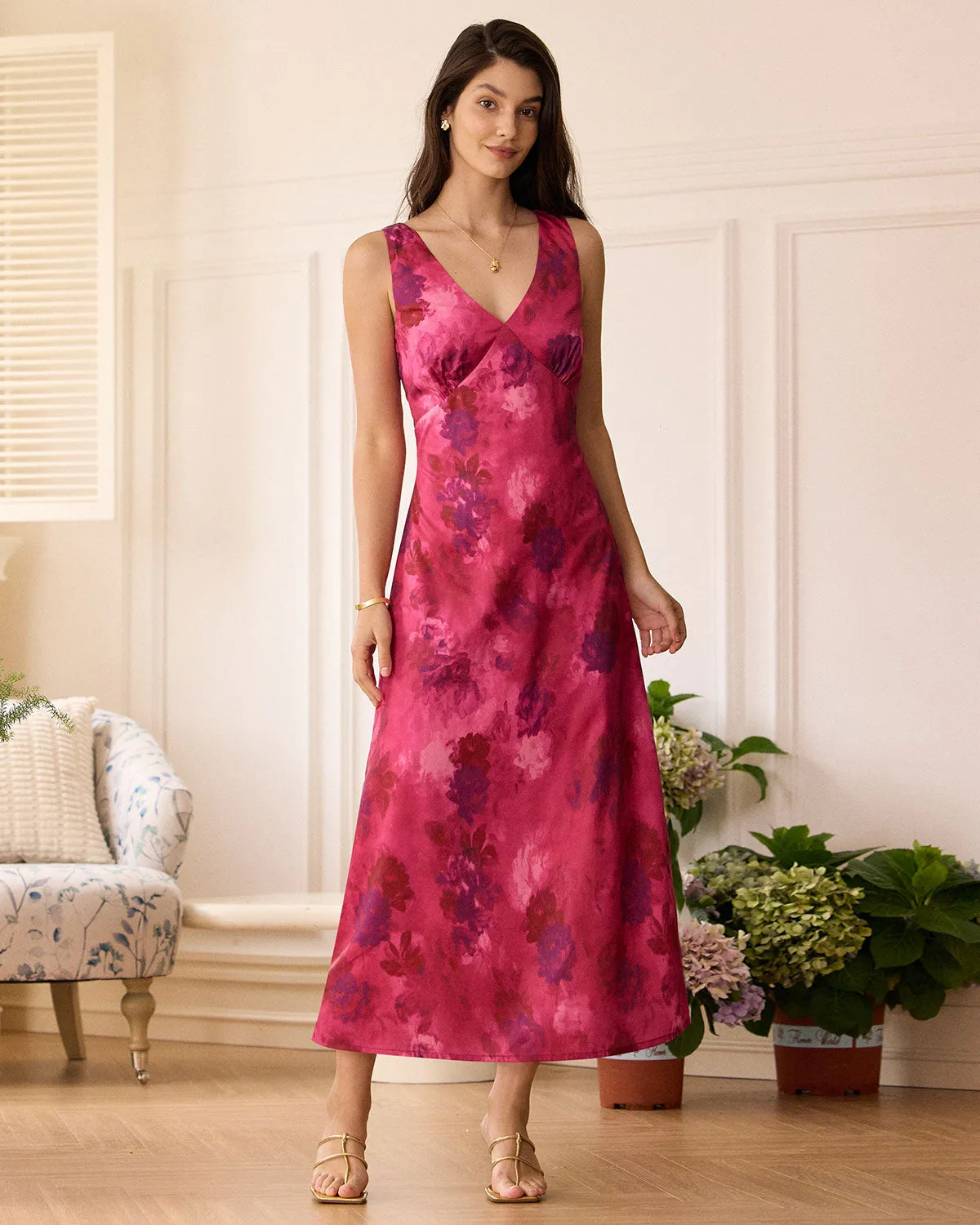 The Rose Red V Neck Sleeveless Floral Maxi Dress sold by rihoas