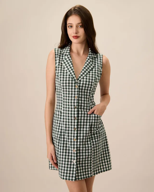 The Green Plaid Sleeveless Cotton Pocket Mini Dress sold by rihoas
