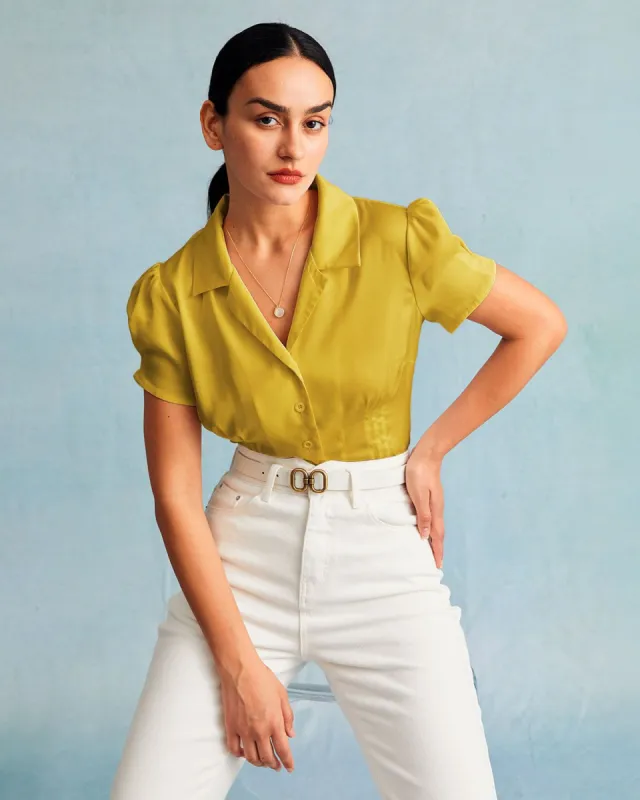 The Yellow V Neck Pleated Button Blouse sold by rihoas