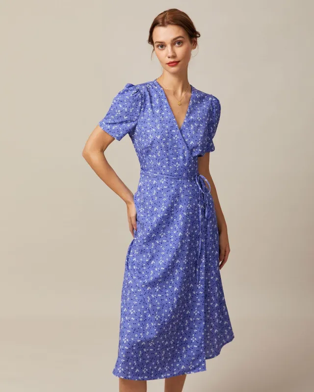 The Purple V Neck Floral Wrap Midi Dress sold by rihoas