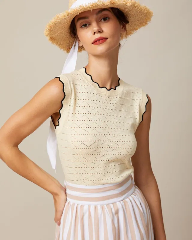 The Beige Scalloped Pointelle Knit Tank Top sold by rihoas