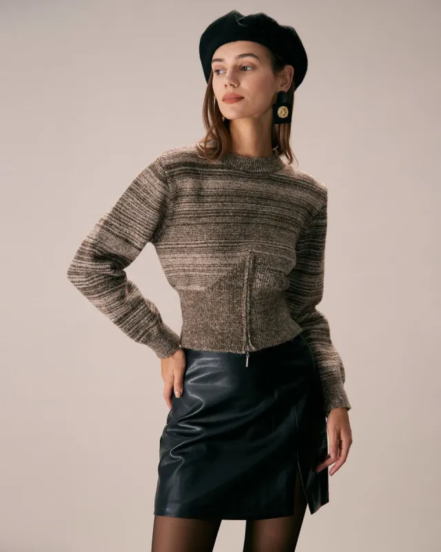 The Khaki Round Neck Striped Woolen Knit Top sold by rihoas