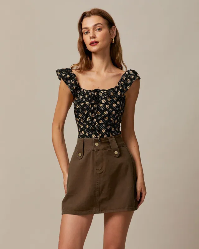 The Black U Neck Floral Shirred Tank Top made by rihoas