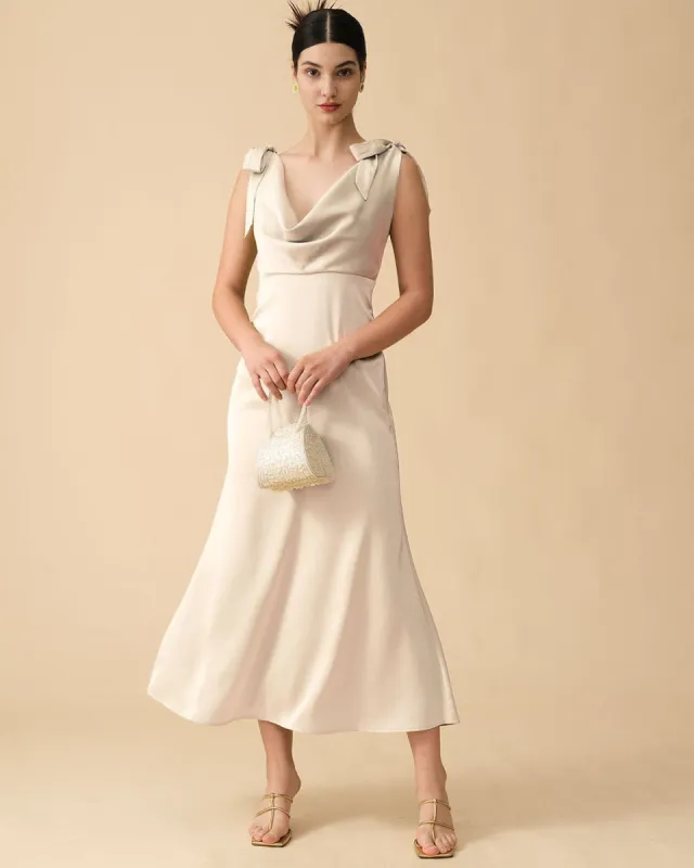 The Apricot Tie Strap Backless Satin Maxi Dress sold by rihoas