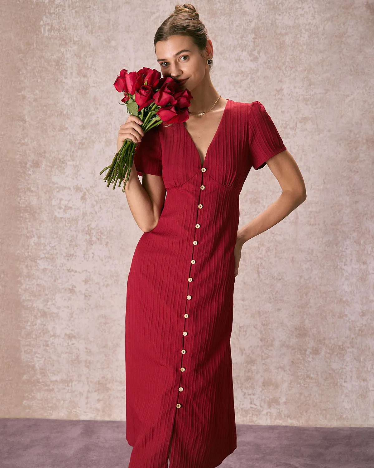 The Red V Neck Shirred Puff Sleeve Midi Dress sold by rihoas
