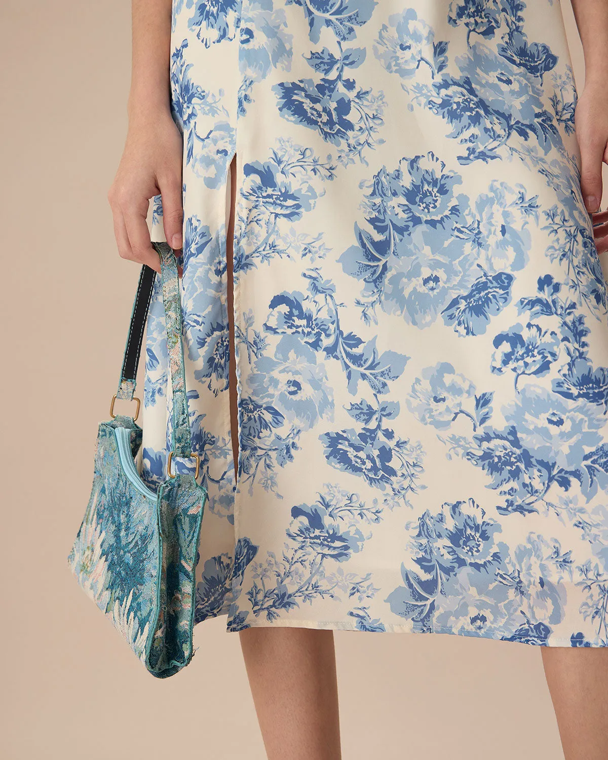 The Blue Round Neck Cap Sleeve Floral Midi Dress sold by rihoas product image thumbnail 3