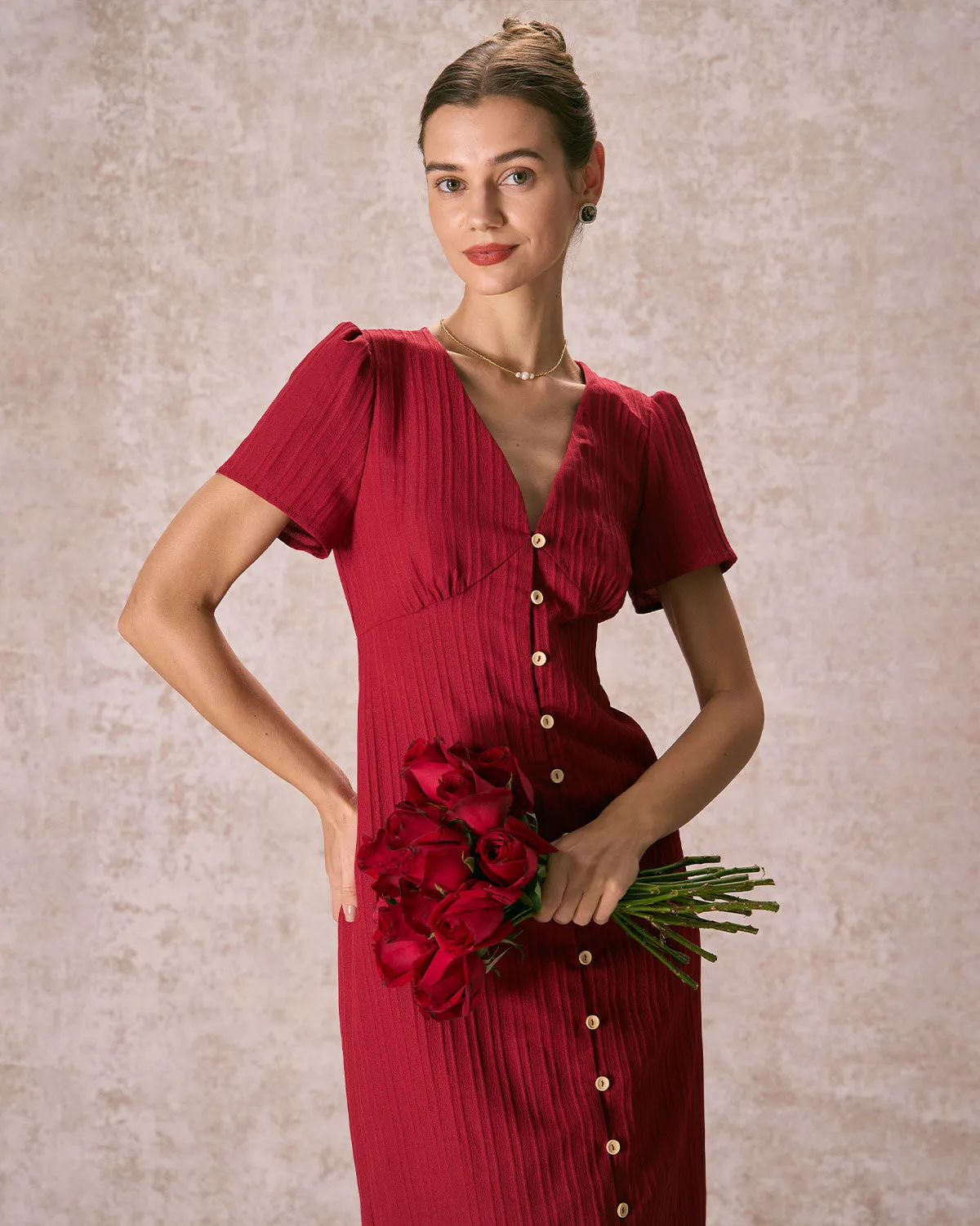 The Red V Neck Shirred Puff Sleeve Midi Dress sold by rihoas product image thumbnail 5