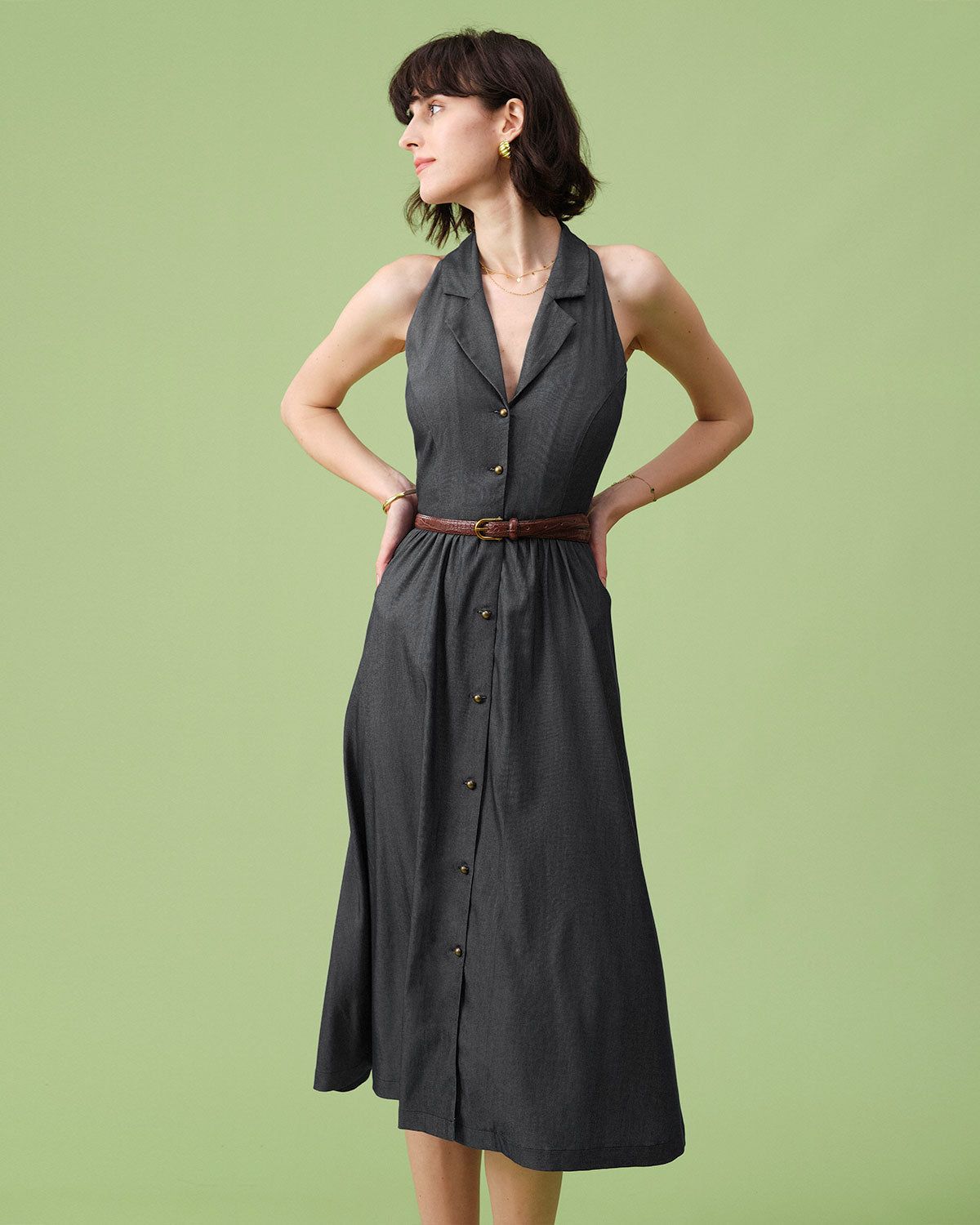 The Grey Lapel Tunic Sleeveless Midi Dress sold by rihoas product image thumbnail 3