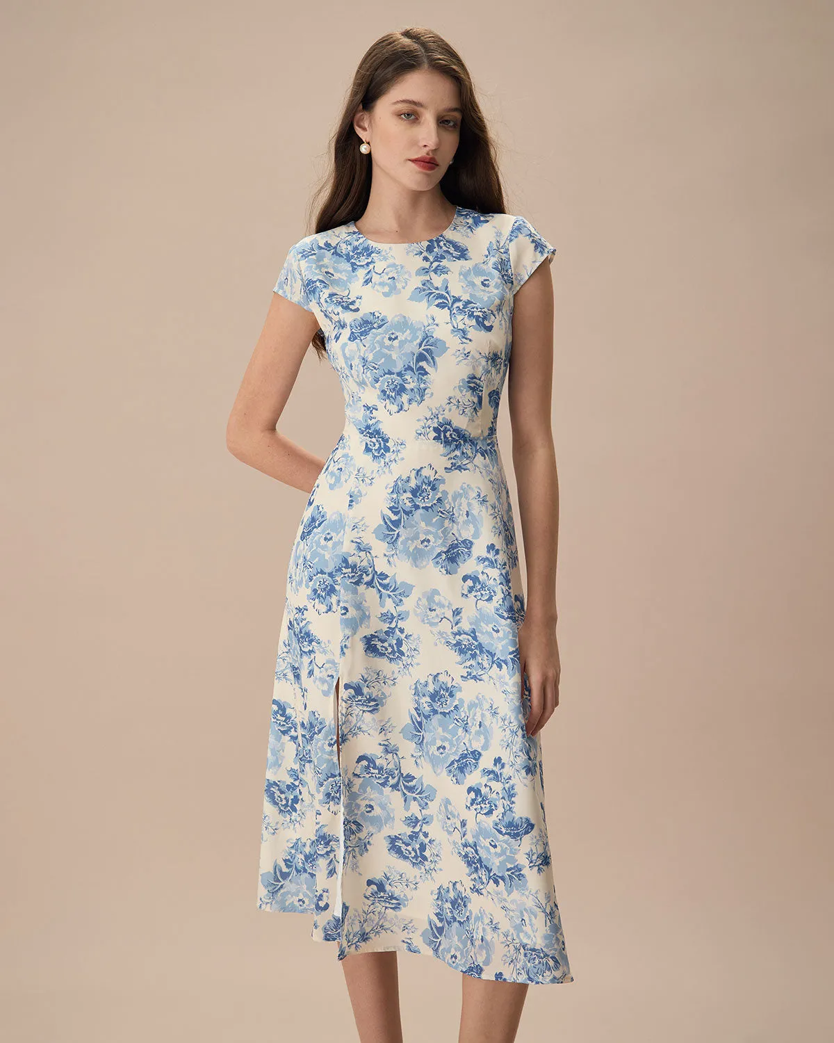 The Blue Round Neck Cap Sleeve Floral Midi Dress sold by rihoas
