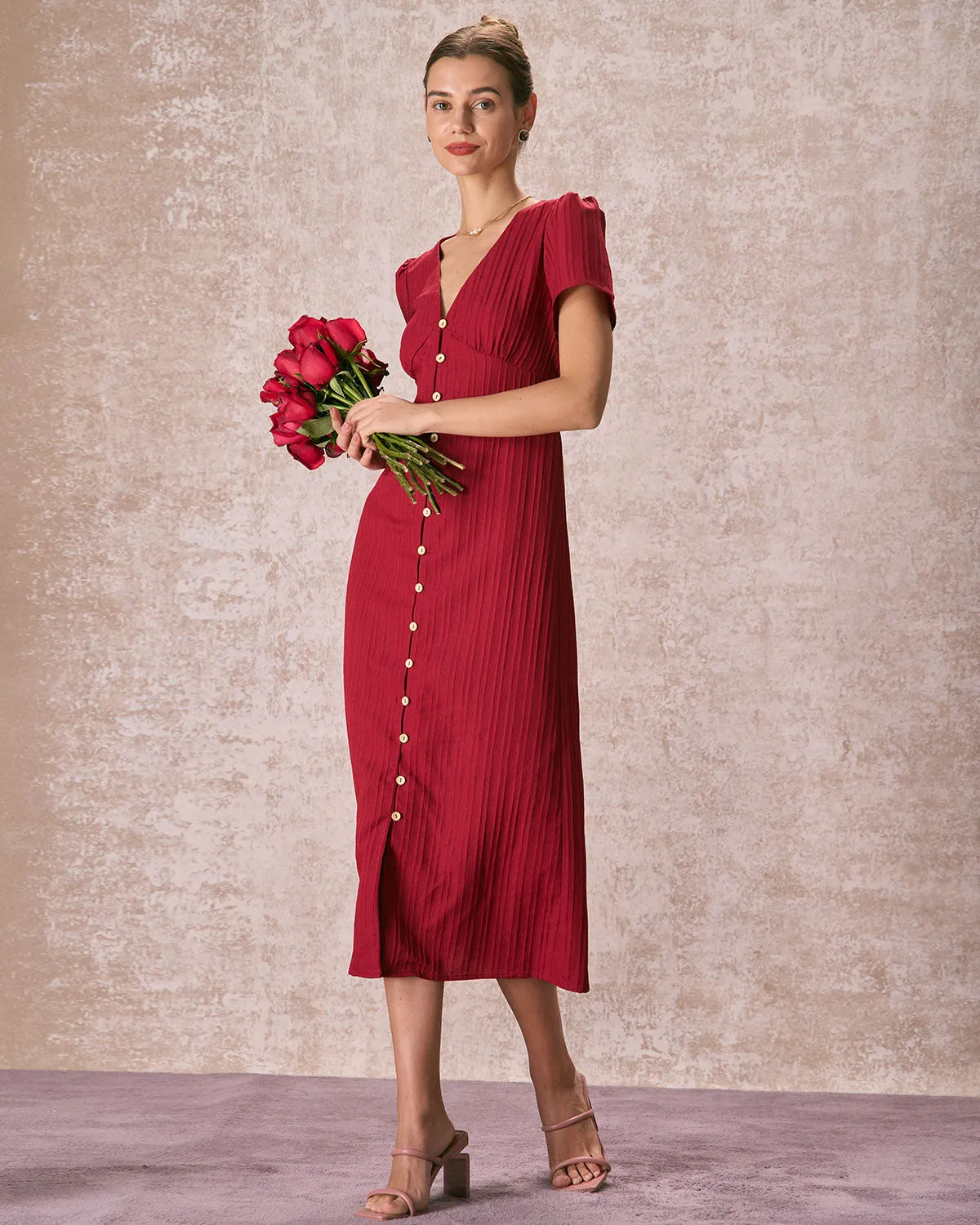 The Red V Neck Shirred Puff Sleeve Midi Dress sold by rihoas product image thumbnail 3