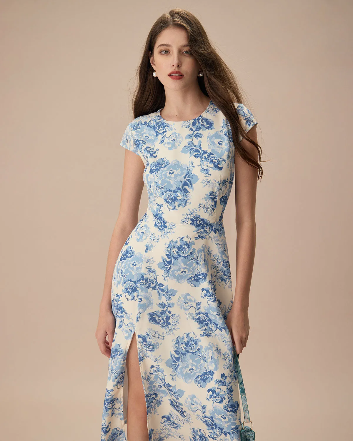 The Blue Round Neck Cap Sleeve Floral Midi Dress sold by rihoas product image thumbnail 4