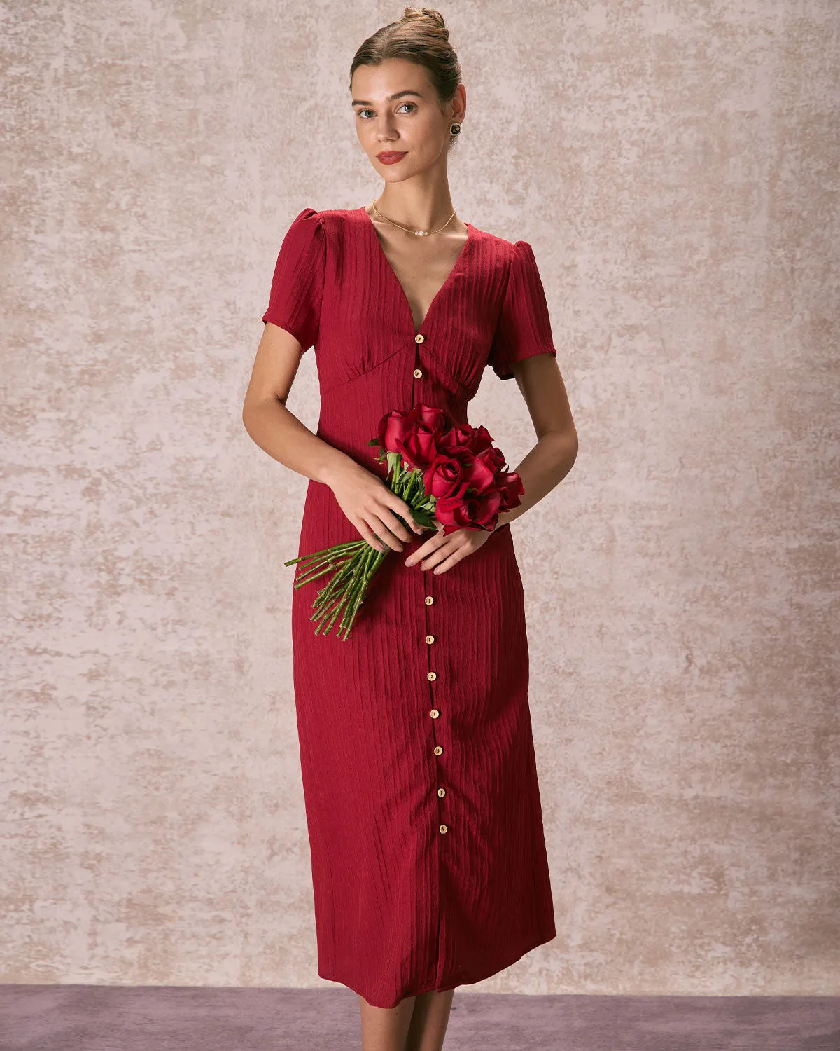 The Red V Neck Shirred Puff Sleeve Midi Dress sold by rihoas product image thumbnail 4