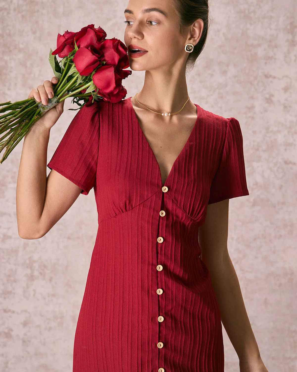 The Red V Neck Shirred Puff Sleeve Midi Dress sold by rihoas product image thumbnail 2