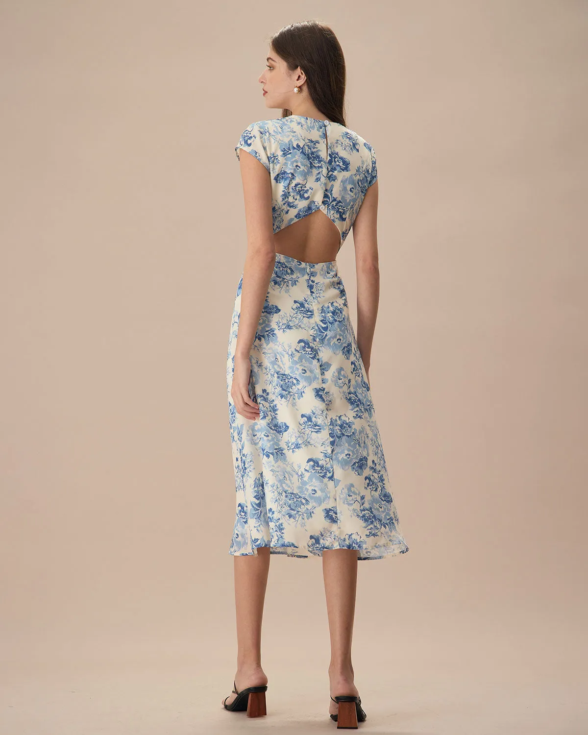 The Blue Round Neck Cap Sleeve Floral Midi Dress sold by rihoas product image thumbnail 5