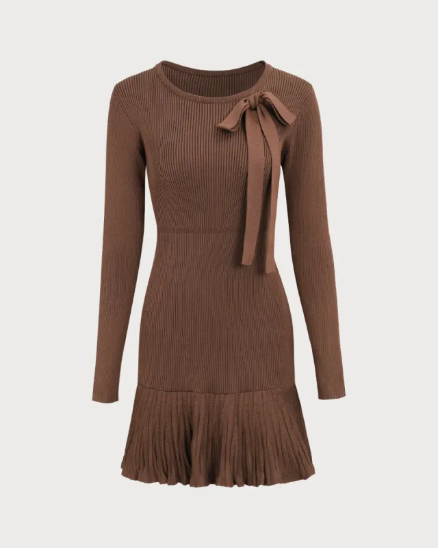 Women's Brown Bowknot Long Sleeve Sweater Mini Dress sold by rihoas