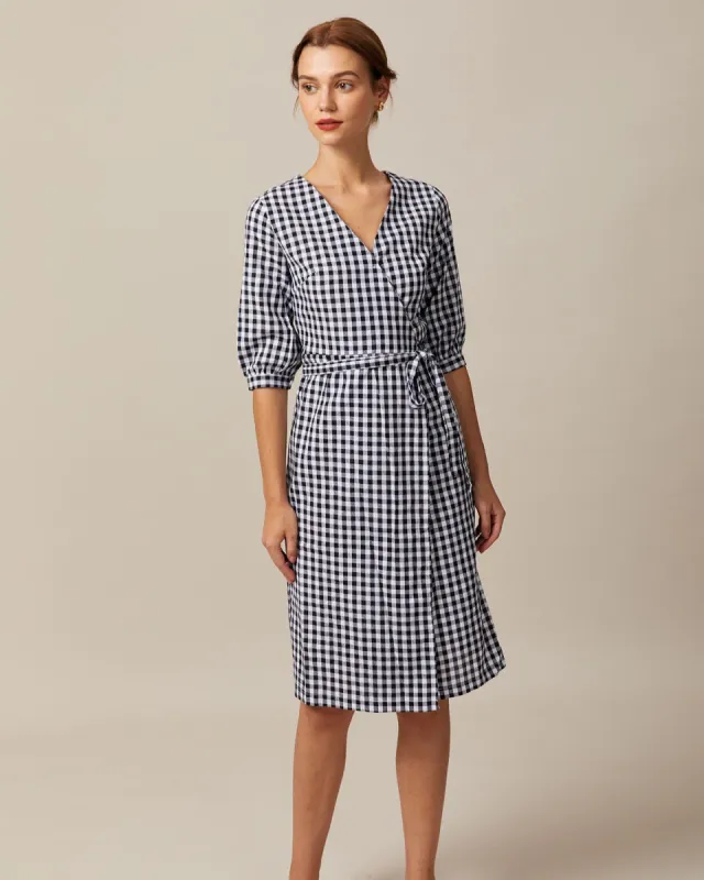 The Black V Neck Plaid Half Sleeve Midi Dress made by rihoas