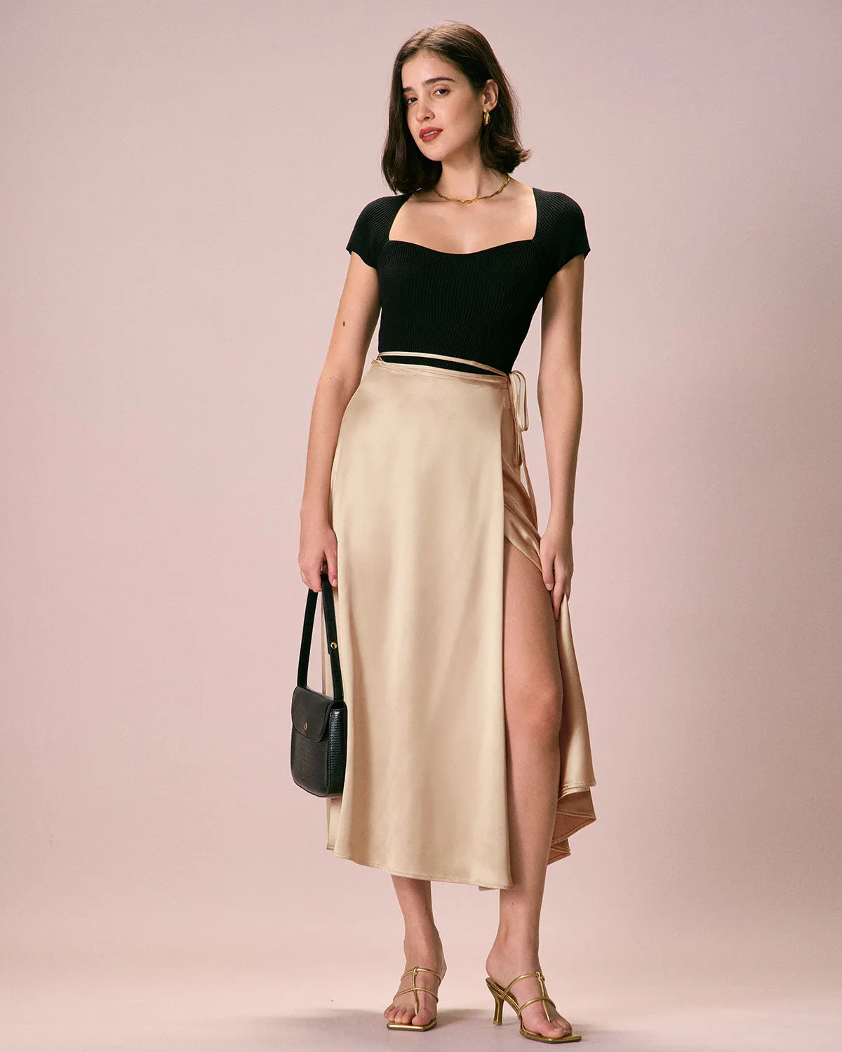 The Khaki Satin Lace-Up Wrap Midi Skirt sold by rihoas product image thumbnail 5