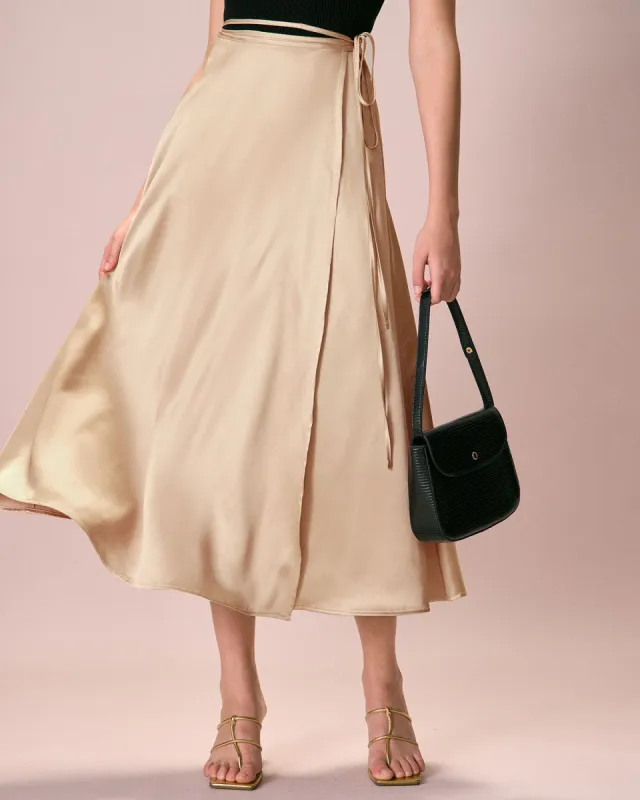The Khaki Satin Lace-Up Wrap Midi Skirt sold by rihoas