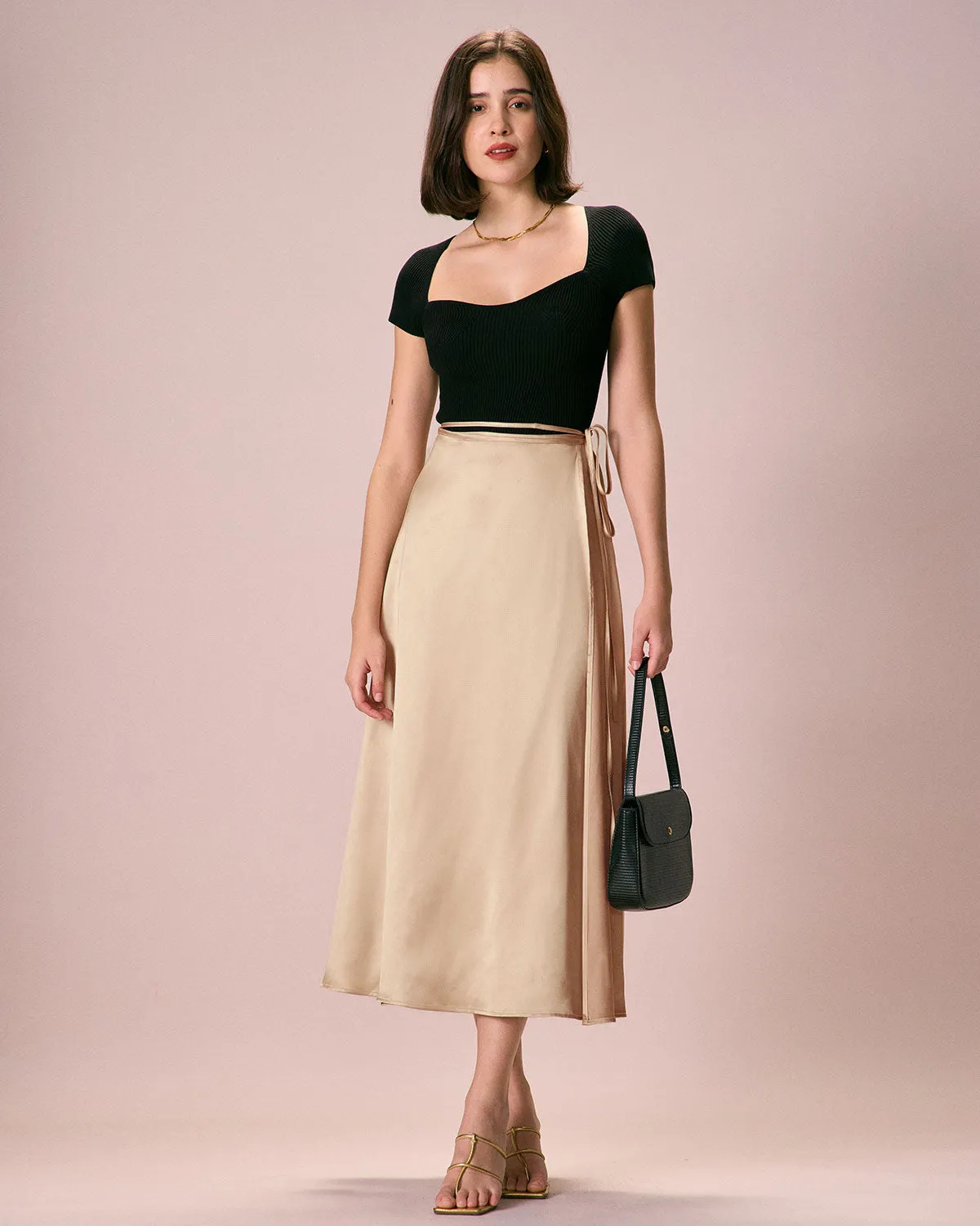 The Khaki Satin Lace-Up Wrap Midi Skirt sold by rihoas product image thumbnail 3