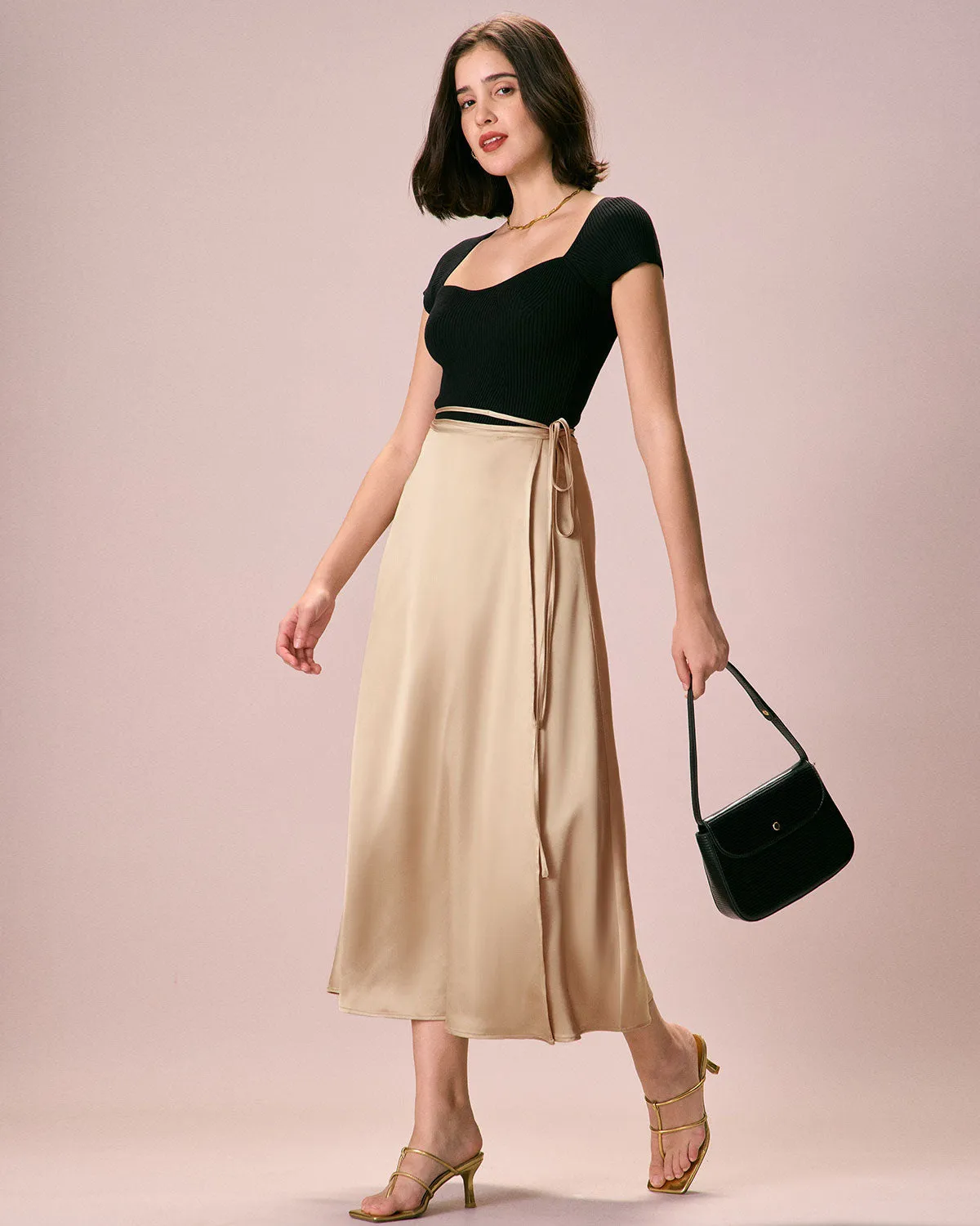 The Khaki Satin Lace-Up Wrap Midi Skirt sold by rihoas product image thumbnail 4